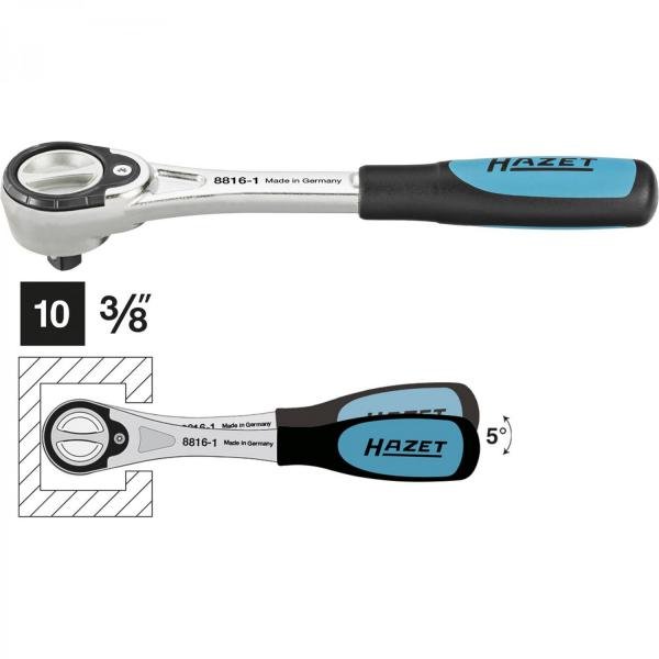 Hazet 8816-1 Fine Tooth Reversible Ratchet · Square, solid 10 mm (3/8 inches) · l: 186 mm
